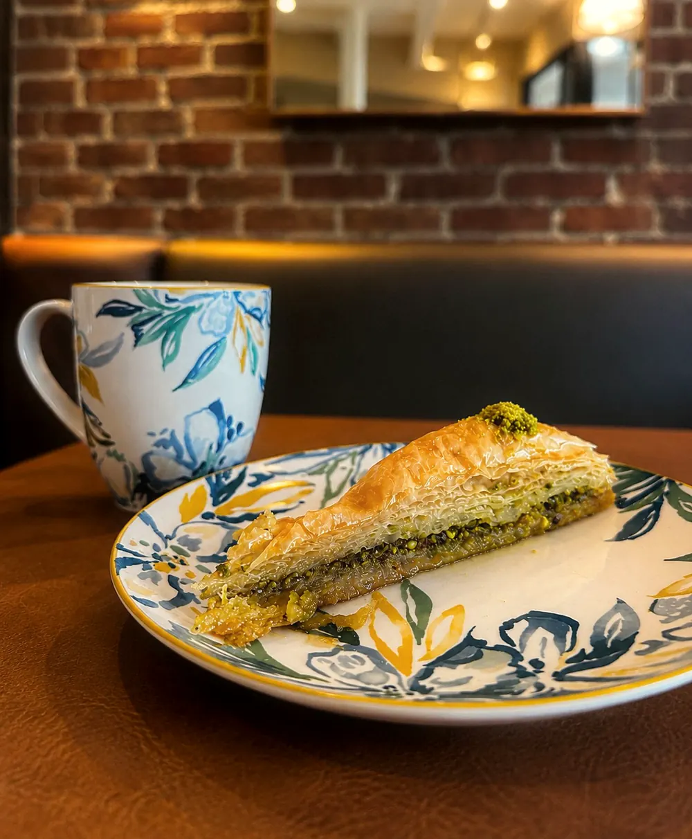 Pointe de baklava au pistache sur une assiette fleurie, à côté d'une tasse, devant le mur de brique